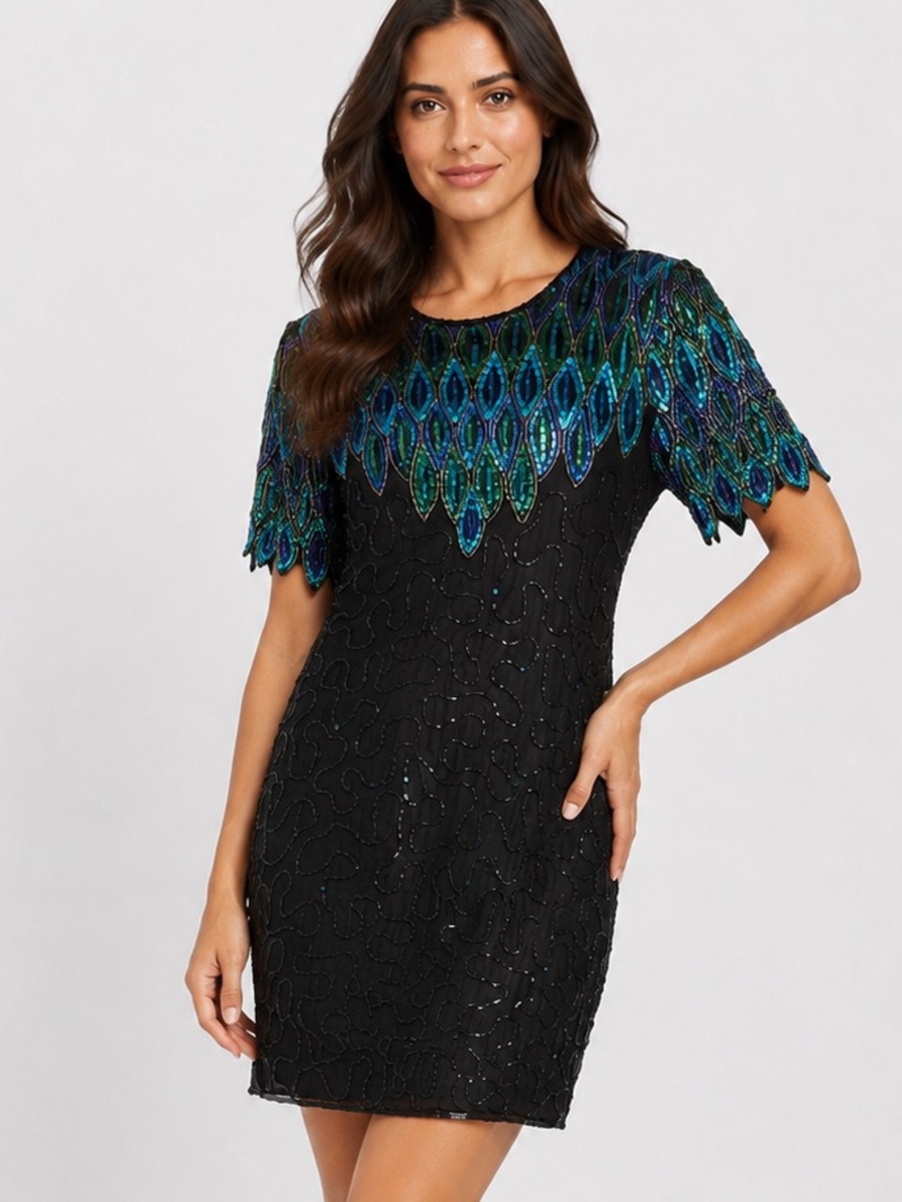 JMD Black Mini Dress with Iridescent Blue & Green Sequin Yoke